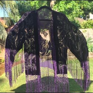 Purple Velvet Burnout Fringed Jacket